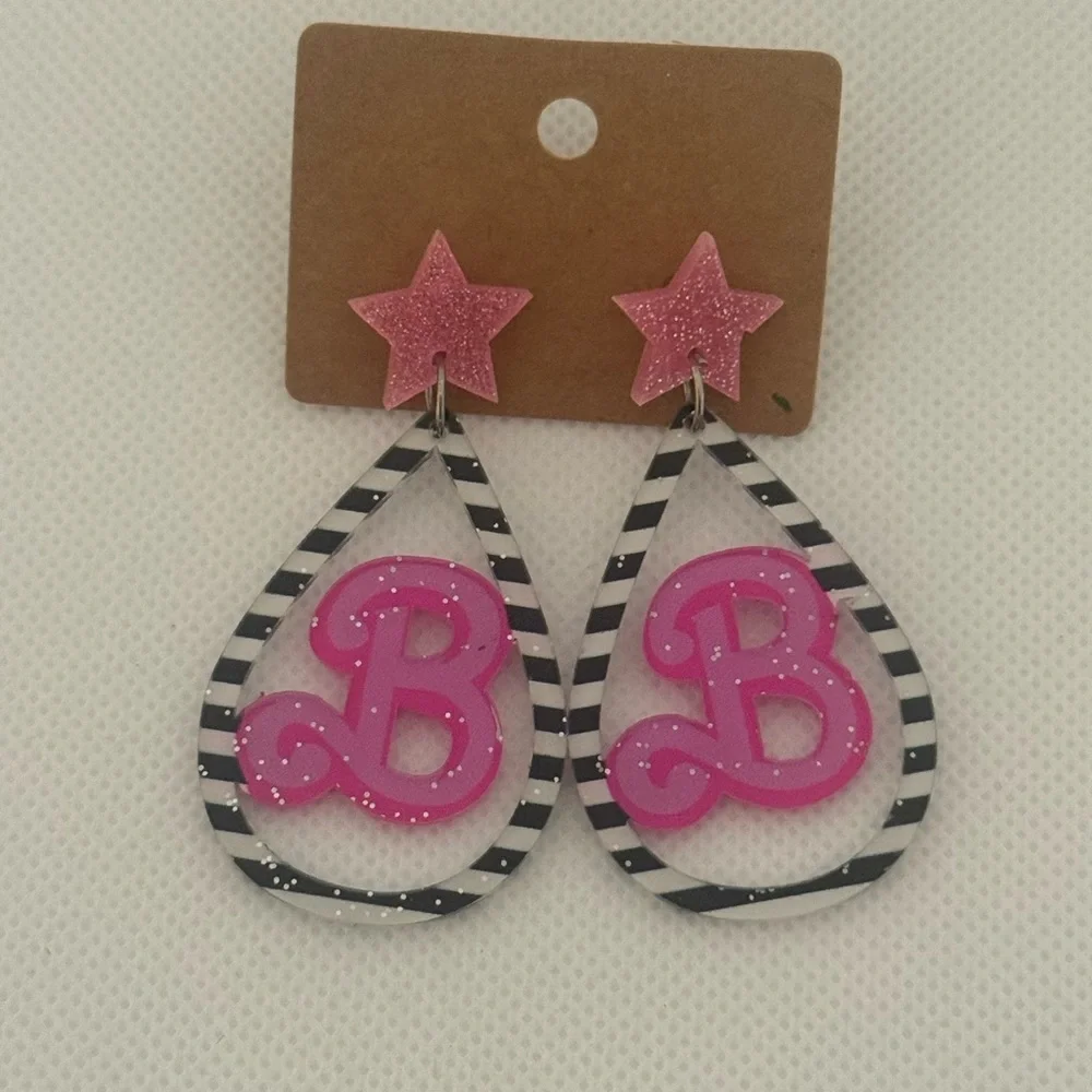 Glitter Acrylic Barbie B Earrings โ Pink Star & Striped Teardrop Dangle โ NWT - Picture 5 of 6